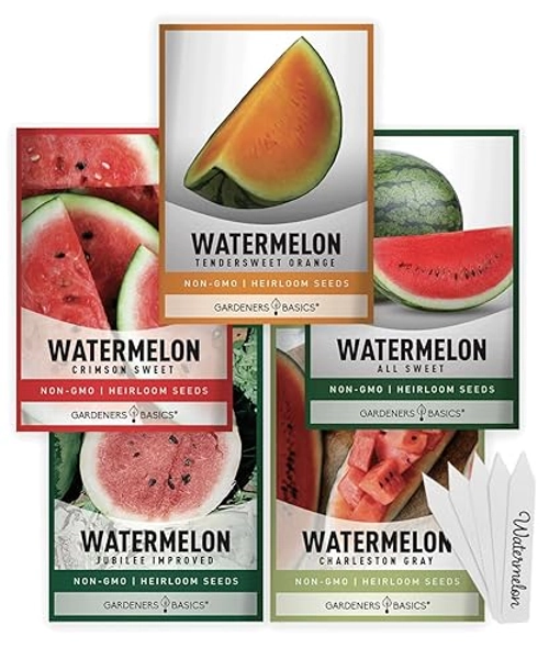 Watermelon Variety Fruit Seeds for Planting Home Garden 5 Variety Packets - Crimson Sweet, Jubilee Improved, Tendersweet Orange, Charleston Grey, and All Sweet Watermelon Seed Packs by Gardeners Basics