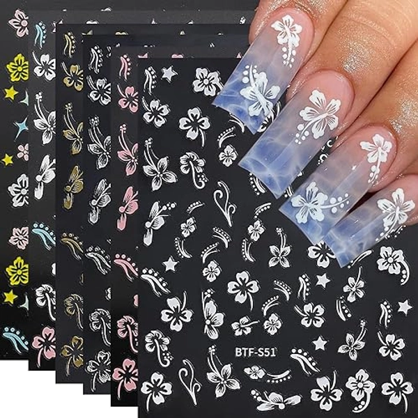 Flower Nail Stickers, Hibiscus Nail Decals 3D Self-Adhesive White Pink Gold Flower Pattern Summer Hibiscus Nail Design Manicure Tropical Nail Accessories for Women Girls(6Sheets)