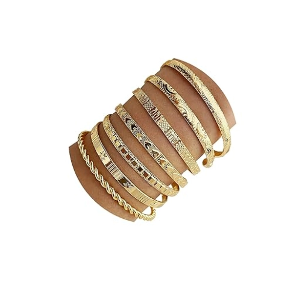 IFKM Gold Bangle Bracelets For Women, 14k Gold Plated Multi Layer Stackable Cuff Bracelet Set, Trendy Elegance Charms Non Tarnish Minimalist Textured Boho Jewelry Gift for Women - 7pcs Hexawn star twist