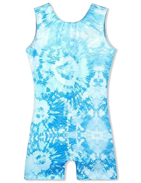 Leotards for Girls Gymnastics Kids Children Biketard with Shorts Sparkly Unicorn Dance Unitards（Multiple Colors） - Blue Tie Dye
