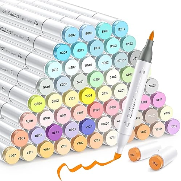 Caliart 61 Colors Pastel Alcohol Markers, Brush & Chisel Dual Tip Markers for Adult Coloring Book, Sketch Pens Permanent Art Markers Set for Easter Eggs Decorations Stuffers Drawing Supplies Gift