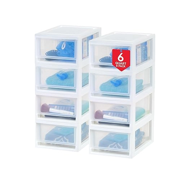 IRIS USA 6 Quart Compact Stacking Storage Drawer, Plastic Drawer Organizer with Clear Doors for Undersink, Kitchen, Pantry, Desk, and Home De-Clutter, Store Shoes and Craft Supplies, 4-Pack, Black - White 30 Qt. -2 Pack Drawer