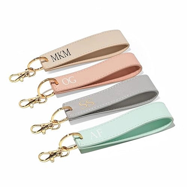 Crafted Memories Personalised Wristlet Keyring, Monogrammed Strap Key Ring, Initials Gift, Personalised Gift, Loop Car Keychain, Faux Saffiano Leather