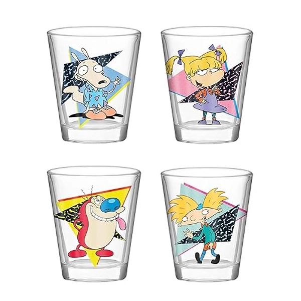 Silver Buffalo Nickelodeon Retro Featuring Rocko, Angelica, Stimpy, and Arnold 4 Pack Mini Glass Set, 1.5 Ounces - Nickelodeon Retro Characters