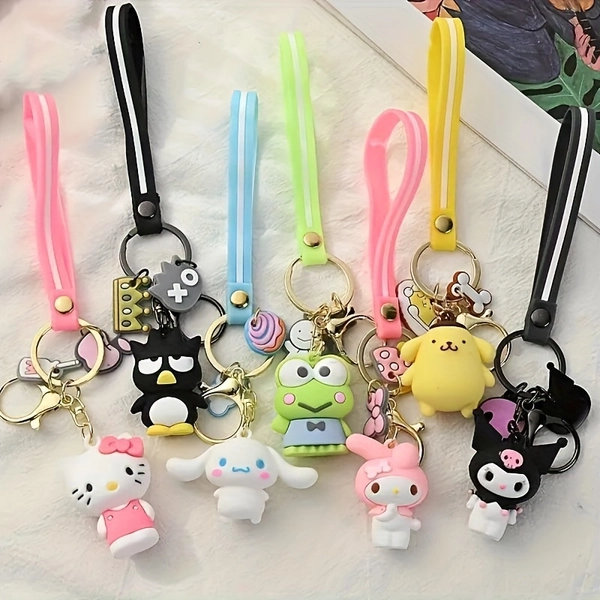 [7pcs Hello Kitty Cartoon Keychain Set] Authorized Set of 7 Cartoon Keychains Featuring Beloved Characters Like Hello Kitty, for My Melody, Pudding Dog, And Friends, Perfect for Decorating Bags And Cars, Making Them Ideal Gifts for Women, Couples, Birthdays, Christmas, And Halloween.