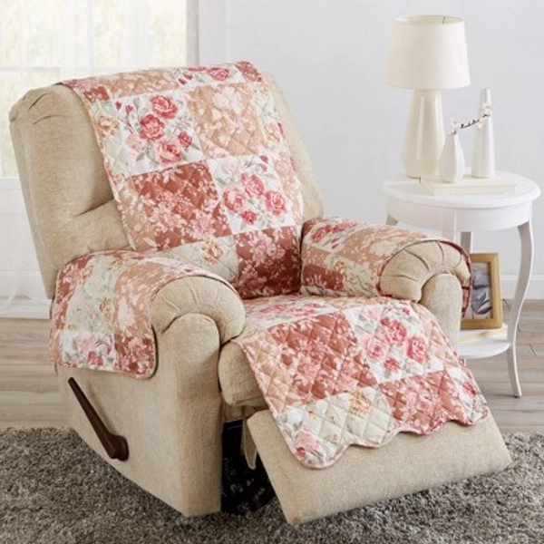 Great Bay Home Floral Patchwork Reversible Furniture Protector  (Recliner, Burgundy / Taupe)