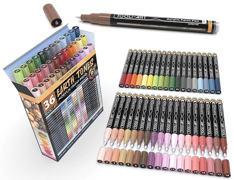 36 marqueurs de peinture acrylique extra fins de 0,7 mm et des stylos de peinture en terre naturelle pour la peinture rupestre, la toile, le verre, le bois, la céramique, le tissu. Non toxique - 1 unité (Lot de 36) - Earth