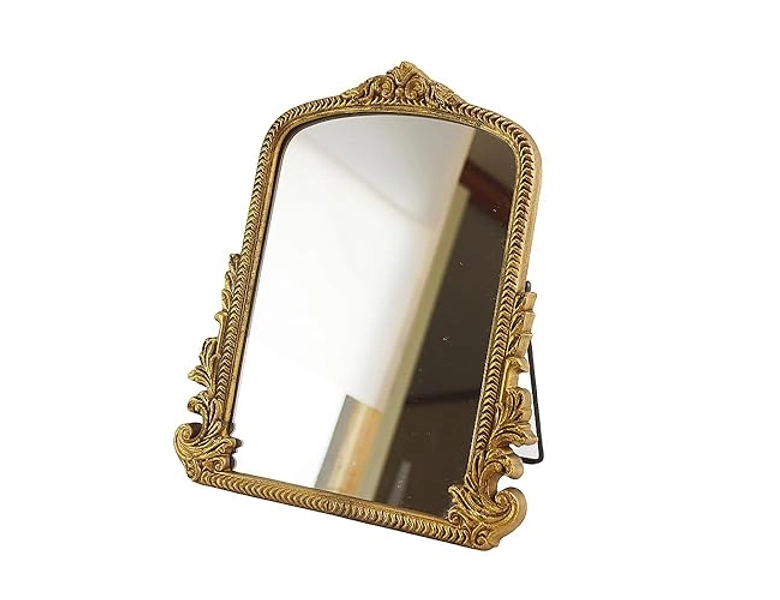 Vintage Vanity Makeup Desk Mirror，Antique Traditional Chic Arch Table Mirror Gold，Decor Wood Framed Small Standing Carved Arendahl Mirror for Living Room,Bedroom,Tabletop 11.8" x 9.6" - Antique Gold