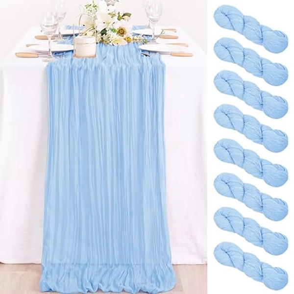 MLMC 8 Pack Baby Blue Cheesecloth Table Runner 10ft Wrinkled Rustic Light Blue Cheese Cloth Table Runner Bulk 35x120 Inches for Baby Shower Gender Reveal Birthday Boys' Room Decor - Baby Blue - 10 ft - 8 Pack