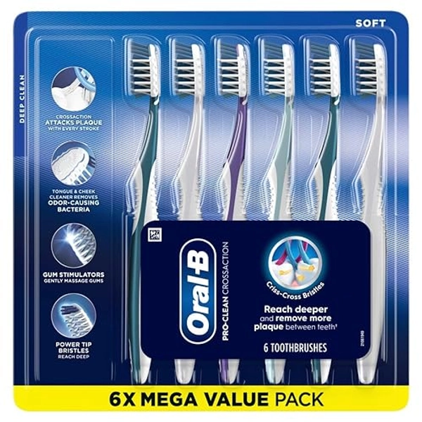 Oral-B Pro Health CrossAction All in One Soft Toothbrushes, Deep Plaque Fighter, Rounded Bristles Gentle on Teeth, Tongue and Cheek Cleaner, Gum Stimulators, 6 Count, Tooth Brush Pack - Toothbrush (Pack of 6)