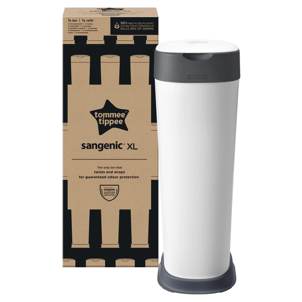 Tommee Tippee Twist and Click Sangenic XL Nappy Bin, Holds up to 60 Nappies, Eco-Friendlier System, Includes 1x Refill Cassette with Sustainably Sourced Antibacterial GREENFILM White