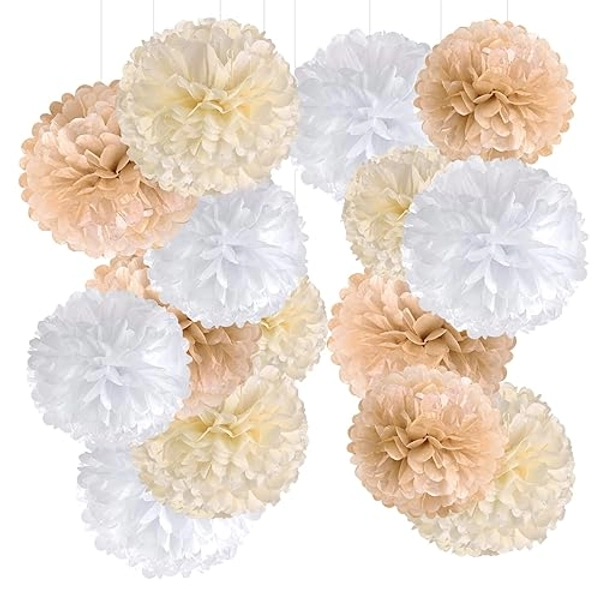SUNBEAUTY Party Dekoration Pompons -15 Stück Beige Braun Weiß Seidenpapier Pompoms für Hochzeit, Tischdeko Geburtstag, Babyparty Deko, Abschlussball, Festival Weihnachten Karneval - 3-farbe