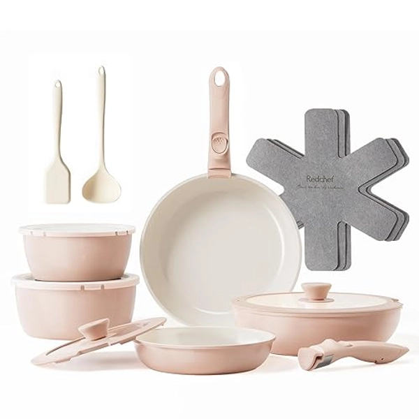 Redchef Topfsets 16-Teilig Pfannenset Antihaft-Keramik-Kochgeschirr-Set mit Abnehmbaren Griff, Pfanne 20/26 cm, Tiefe Bratpfanne 26cm, Topf 18/20cm, Stapelbar Topfset Für alle Herdarten, Ofenfest Rosa - 16 pièces Rose
