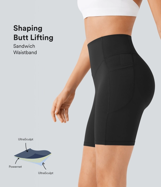 SoCinched High Waisted Scrunch Butt Lifting Tummy Control Side Pocket Shaping Workout UltraSculpt Biker Shorts 7''