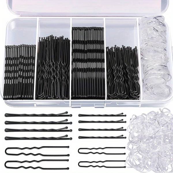 100 Hair Pins, 100 Bobby Pins, 100 Hair Bands, Brown Hair U Shape Pins Bobby Pins Set Kit for Buns