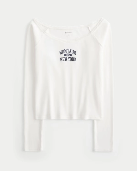 Lace Trim Off-the-Shoulder Montauk Graphic Tee