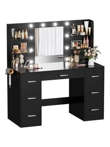 Vanity Desk With Mirror, LED Lights And Power Outlet Makeup Vanity Table With 7 Drawers And 6 Storage Shelves Dressing Table For Bedroom Dressing Room