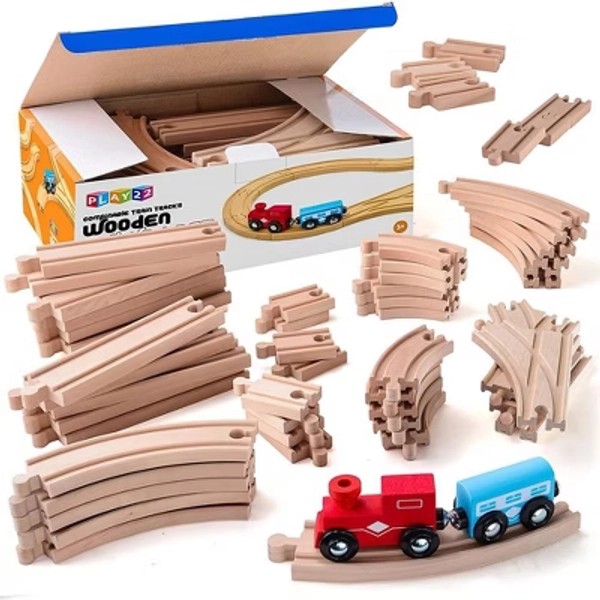 Wooden Train Tracks - 52 PCS Wooden Train Set for Kids Plus 2 Bonus Toy Trains - Play22USA