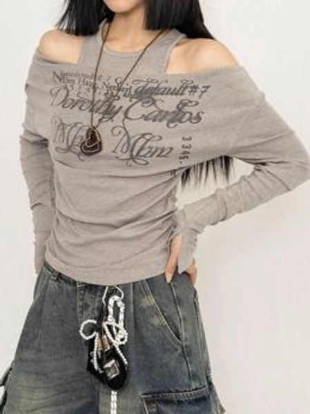 One Shoulder Fake Two Piece Print Long Sleeve Tee
