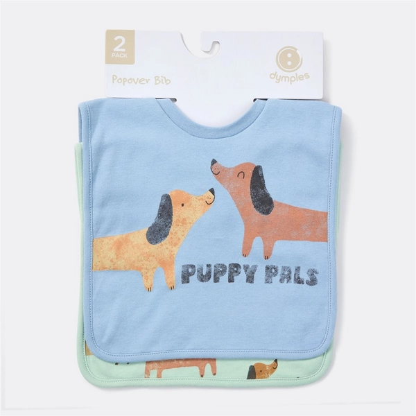 Dymples Baby Puppy Print Popover Bib 2 Pack - Green & Blue | BIG W