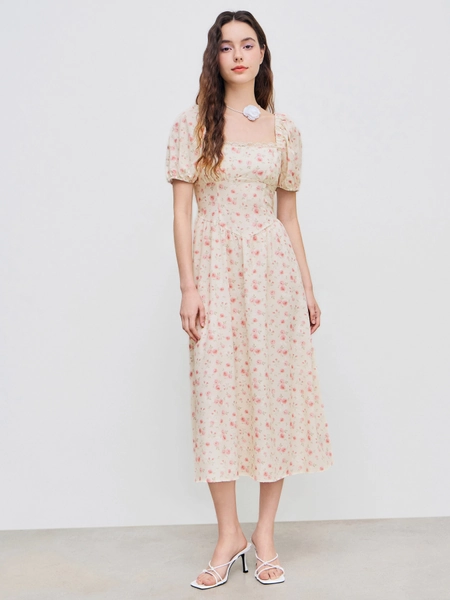 Woven Square Neck Floral Lace Up Midi Dress For Date Vacation
