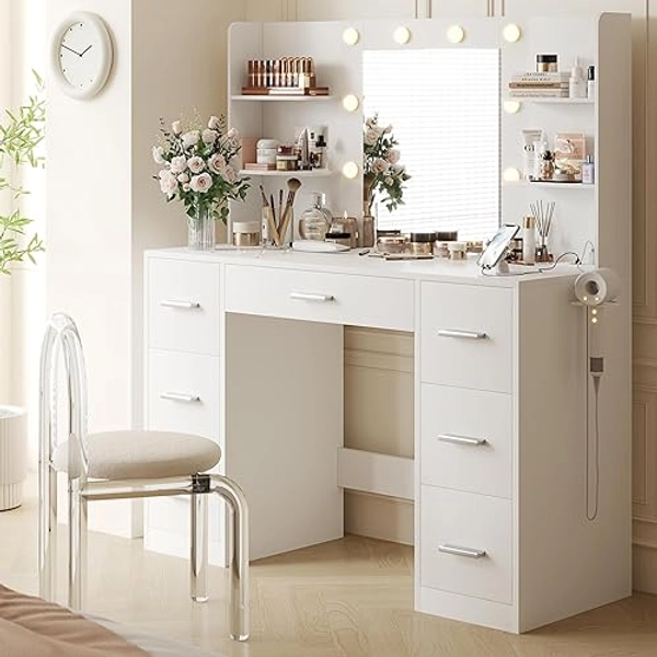 YESHOMY Vanity Desk with Mirror, Power Outlet and 10 Lights, Makeup Table with 7 Drawers, 3 Color Modes Available for Bedroom, White - White