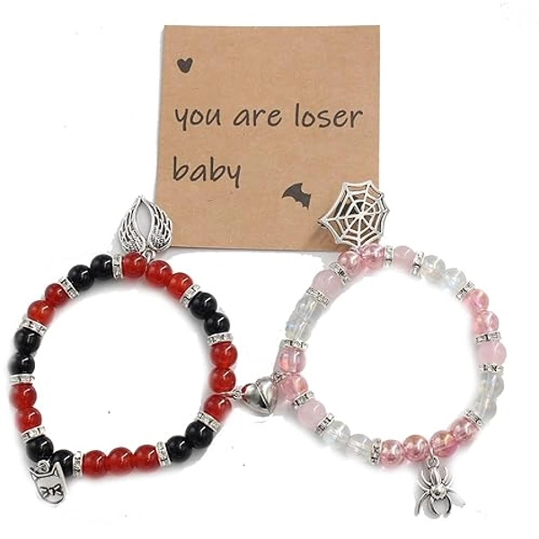 VALIJINA Hazbin Angle Bracelets Anime Merch Cosplay Matching Bracelets Gifts for Women MenIncluding 2pcs husk angle bracelet,1pcs message card, free size, Opal, Alloy, no