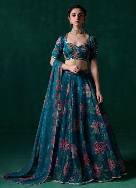 Teal Green Multicolor Floral Printed Lehenga | Default Title