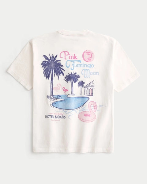 Boxy Pink Flamingo Moon Hotel Graphic Tee