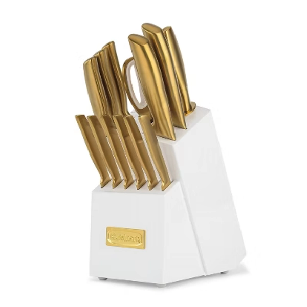 Cuisinart Classic 15pc Gold PVD Stainless Steel Cutlery Block Set White: Forged Knife Set with Comfort-Grip Handle