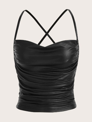 SHEIN ICON Draped Front Crisscross Backless PU Leather Cami Going Out Tops