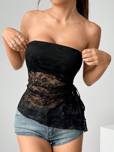 SHEIN MOOSTA Women Black Lace Patchwork Asymmetric Crop Top, Casual Vacation