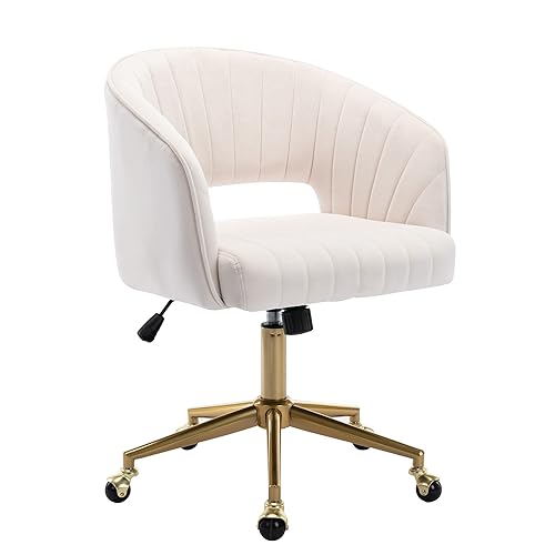 Home Office Chair Swivel Velvet Desk Chair Accent Armchair Upholstered Modern Tufted Chairs with Gold Base for Girls Women Ergonomic Study Seat Computer Task Stools for Living Room(Cream) - Cream