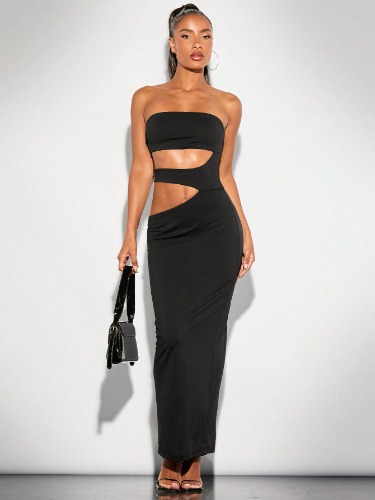 SHEIN BAE Solid Color Sexy Strapless Hollow Out Bodycon Dress For Spring/Summer, Perfect For Single Party, Date Night, Girls Night Out