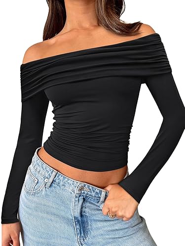 Trendy Queen Women Long Sleeve Shirts Off Shoulder Tops Going Out Crop Sexy Slim Fitted Y2K Fall Outfits 2025 Fashion Clothes - Medium - Black