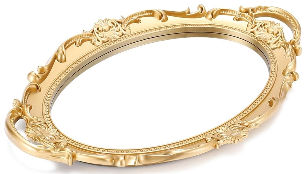 Sooyee Decorative Tray,Bathroom Tray Vanity Tray Decor, Gold Tray Mirror Tray for Dessert Table,Coffee Table,Vanity,Home Decor,Serving Tray with Handle - 14" x 9.8" x 1.1" - Gold