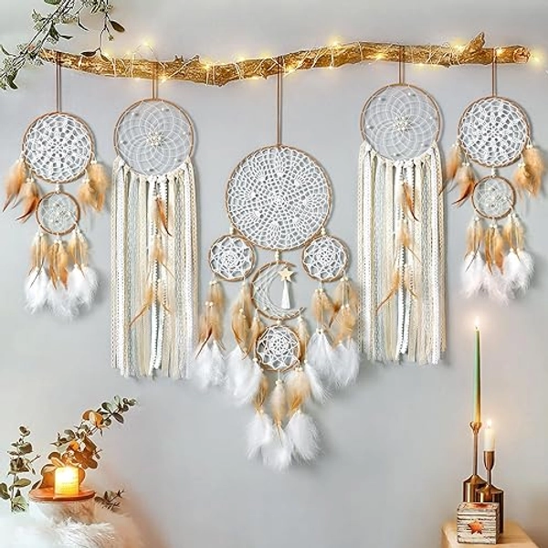 LOMOHOO 5 Pack Dream Catcher Moon and Sun Design Boho Wall Hanging Decor Handmade Traditional Feathers Dream Catchers for Kids Bedroom Living Home Decoration(Brown) - Brown