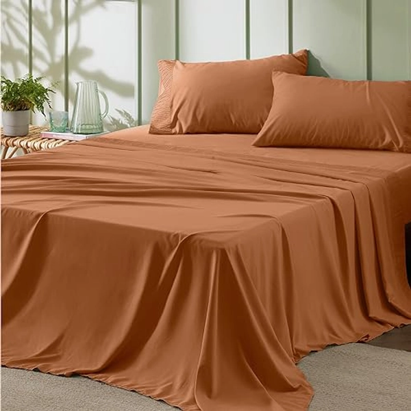 Bedsure Queen Sheet Set - Soft Sheets for Queen Size Bed, 4 Pieces Hotel Luxury Terracotta Queen Sheets, Easy Care Polyester Microfiber Cooling Bed Sheet Set - Terracotta - Queen