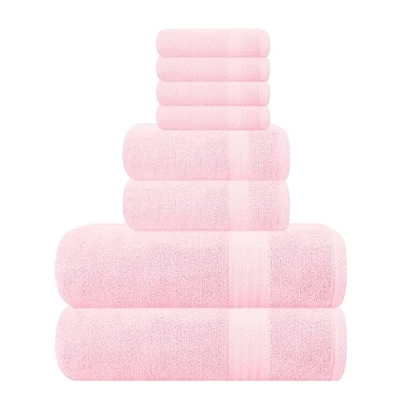 GLAMBURG Ultra Soft 8-Piece Towel Set - 100% Pure Ringspun Cotton, Contains 2 Oversized Bath Towels 27x54, 2 Hand Towels 16x28, 4 Wash Cloths 13x13 - Ideal for Everyday use, Hotel & Spa - Pink