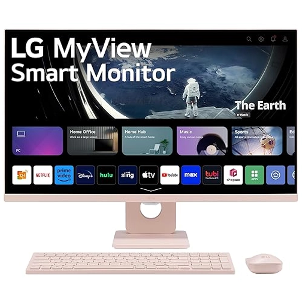 LG 27SR5BF-P 27-inch FHD (1920x1080) MyView Smart Monitor with Streaming TV, webOS, Wireless Keyboard, Mouse, HDR10, IPS Display, webOS, Speaker, ThinQ App, Remote Control, Pink