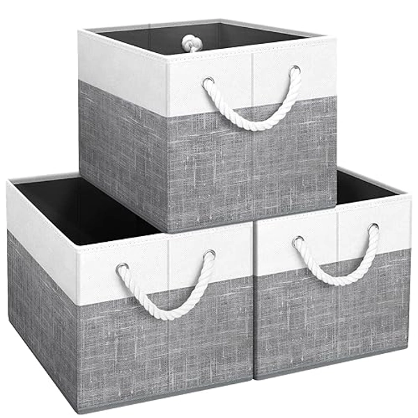 Fab totes Storage Bins [3-Pack], Foldable Storage Baskets for Organizing Toys, Books, Shelves, Closet, Large Storage Box with Rope Handles, Sturdy Organizer Bins, White & Grey - 3Pack - White & Grey