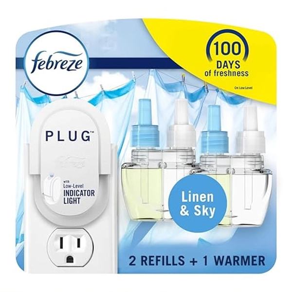 Febreze Plug In Air Fresheners, Linen & Sky Scent, Odor Fighter for Strong Odors, 1 Warmer + 2 Oil Refills- Pack of 2 - 0.87 Fl Oz (Pack of 2) - Linen & Sky