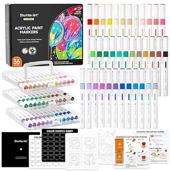Shuttle Art Automatic Ink Control Acrylic Paint Markers, 36 Colors Brush Tip Acrylic Paint Pens for Rock Painting, Ceramic, Wood, Canvas, Glass, Stone, Fabric, Card Making, DIY & Art Supplies - 36 Colors Brush Tip