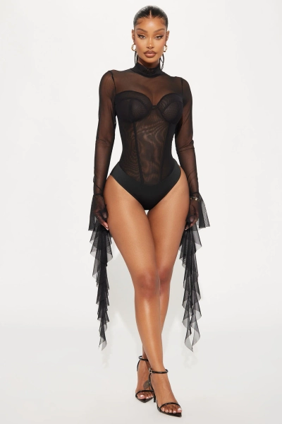On The List Ruffle Bodysuit - Black