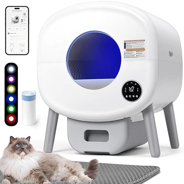 Fsitego Self Cleaning Cat Litter Box: Extra Large Automatic Litter Box for Multiple Cats with Mat - Odor-Free Waste Disposal Litter Robot with App Control Ambient Light