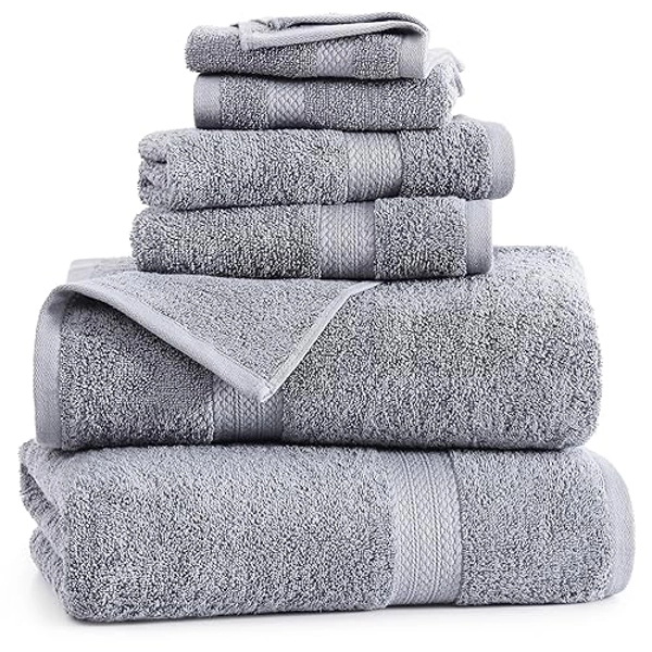 LANE LINEN Grey Bath Towels for Bathroom Set - 100% Cotton 6 Pc Towels Set, Absorbent Bathroom Towel Set, 2 Bath Towels, 2 Hand Towels, 2 Wash Cloths for Your Body and face - Grey Bath Towels Set - 6 Piece Towel Set - 01: Space Grey