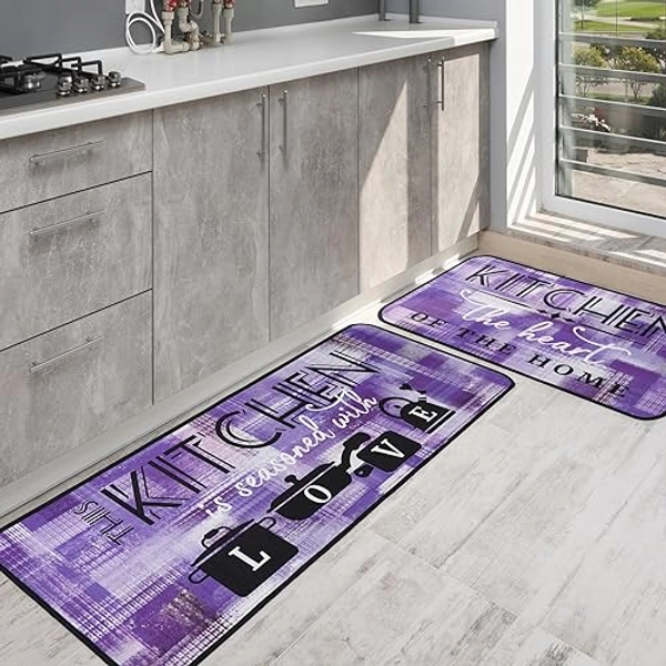 Purple Abstract Kitchen Mats for Floor Set of 2, Floor Mat Carpet Runner Area Rug Washable, Purple Home Kitchen Decor and Accessories Stuff, 17x30 and 17x47 Inch - Purple