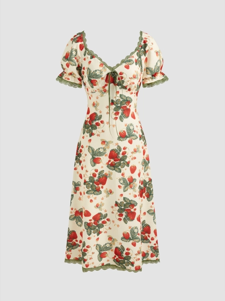 Knit Fabric Square Neck Strawberry Graphic Contrasting Lace Trim Midi Dress For Date Vacation