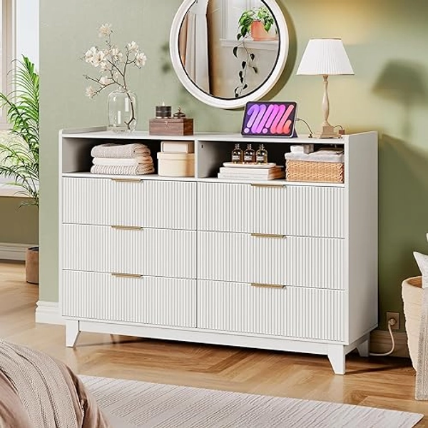 RALGEND Fluted 6 Drawer Dresser for Bedroom, White Wooden Chest of Dresser with Charging Station, Dresser TV Stand, Double Wooden Drawer Organizer for Bedroom, Living Room, Hallway, White