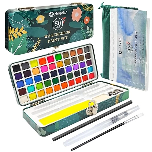 Artecho Aquarelle Set 50 couleurs dans une boîte portable, y compris 4 fluorescents, aquarelles avec papier aquarelle, pinceaux et autres outils de dessin - 50 Couleurs